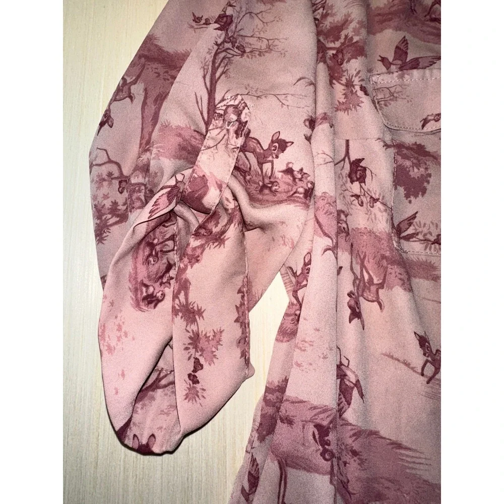 Disney Bambi Toile Print Roll Tab Sleeve Blouse Mauve Pink Plus Size 2